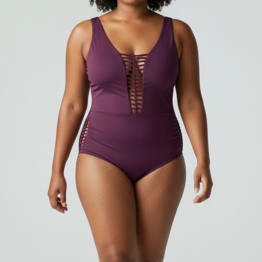 Plum Lace-Up One-Piece Swimsuit